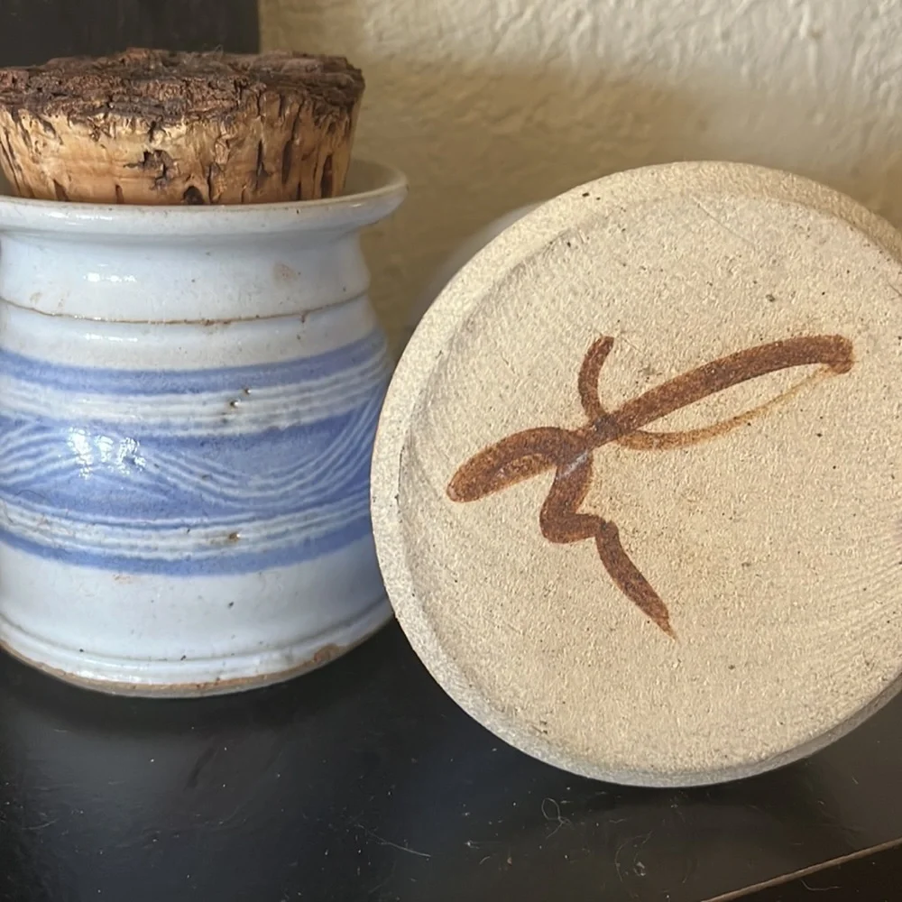 Vintage Studio Art Pottery Set Handthrown Stoneware Blue & White Sugar Creamer
